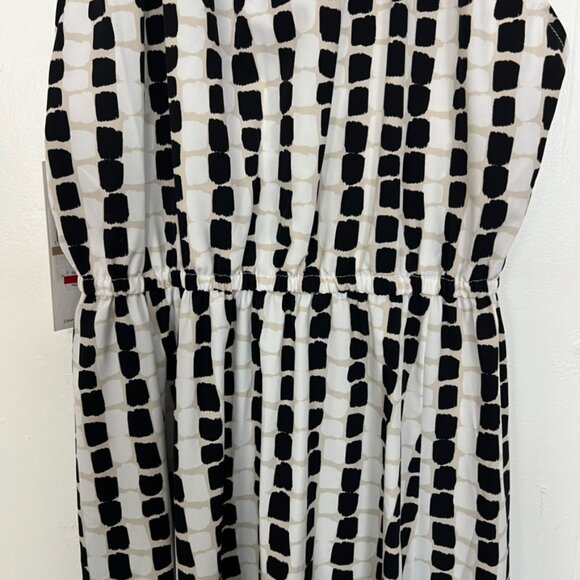 NWT Calvin Klein Maxi Dress Pleated V-Neck Tan White Black Print 12 Large - Picture 7 of 8